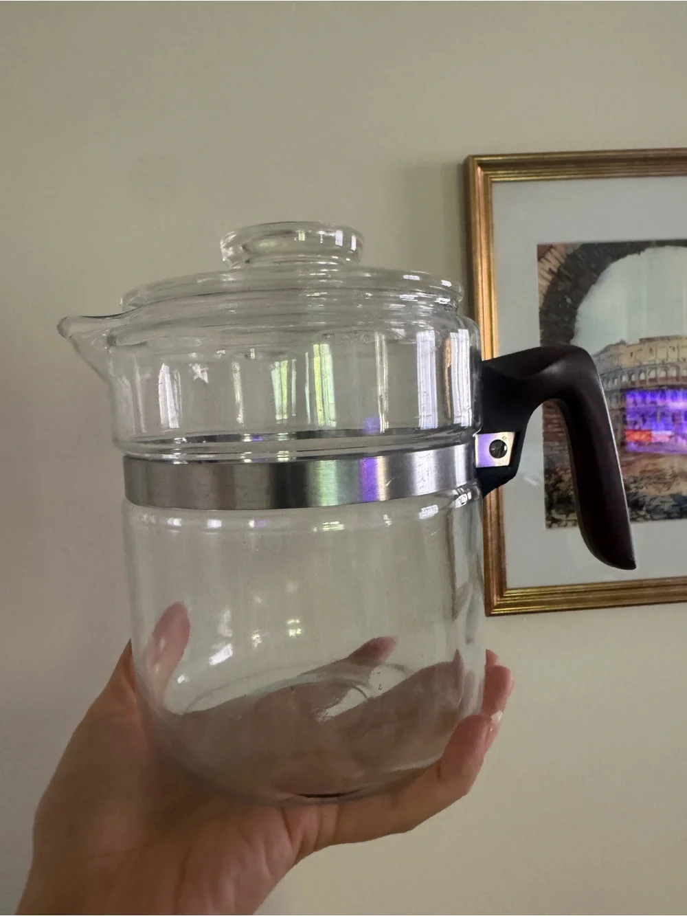 Pyrex Clear Glass Coffee Pot with Black Handle and Silver Band